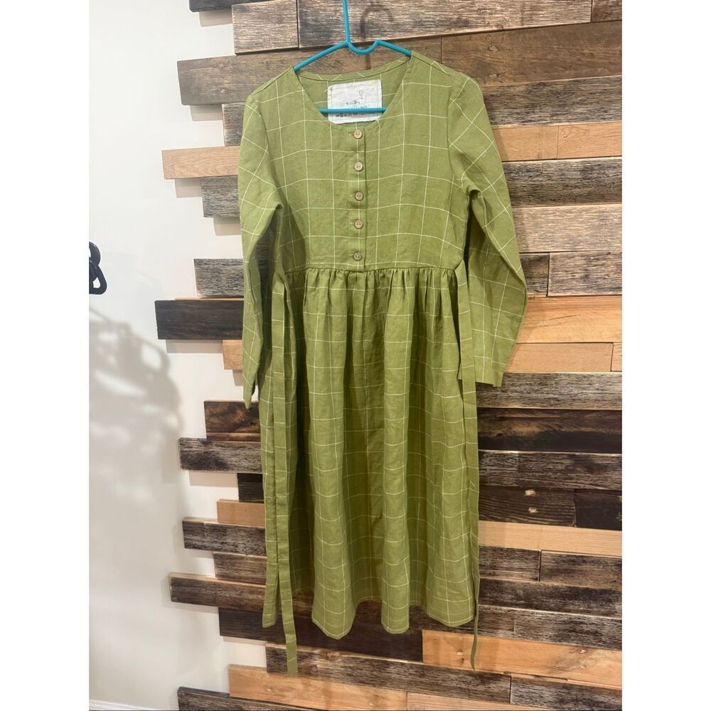 NotPerfectLinen new Mama boho lagenlook dress avocado checks size S/M